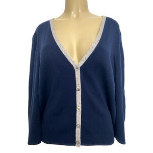St John Knit Cardigan Sweater Cashmere Cape Navy Blue V Neck Button Down XL